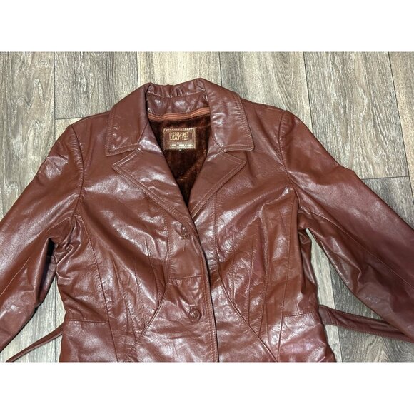 VINTAGE MAXI LEATHER JACKET BEALTED TRENCH COAT BROWN WOMENS SIZE 12 - Picture 3 of 14